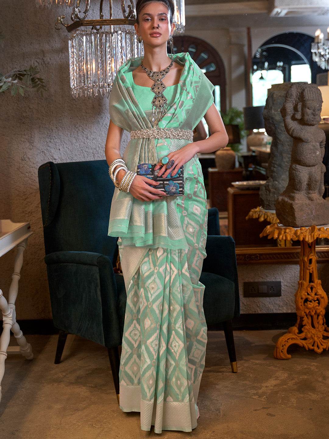 Green Linen Saree With Blouse Piece