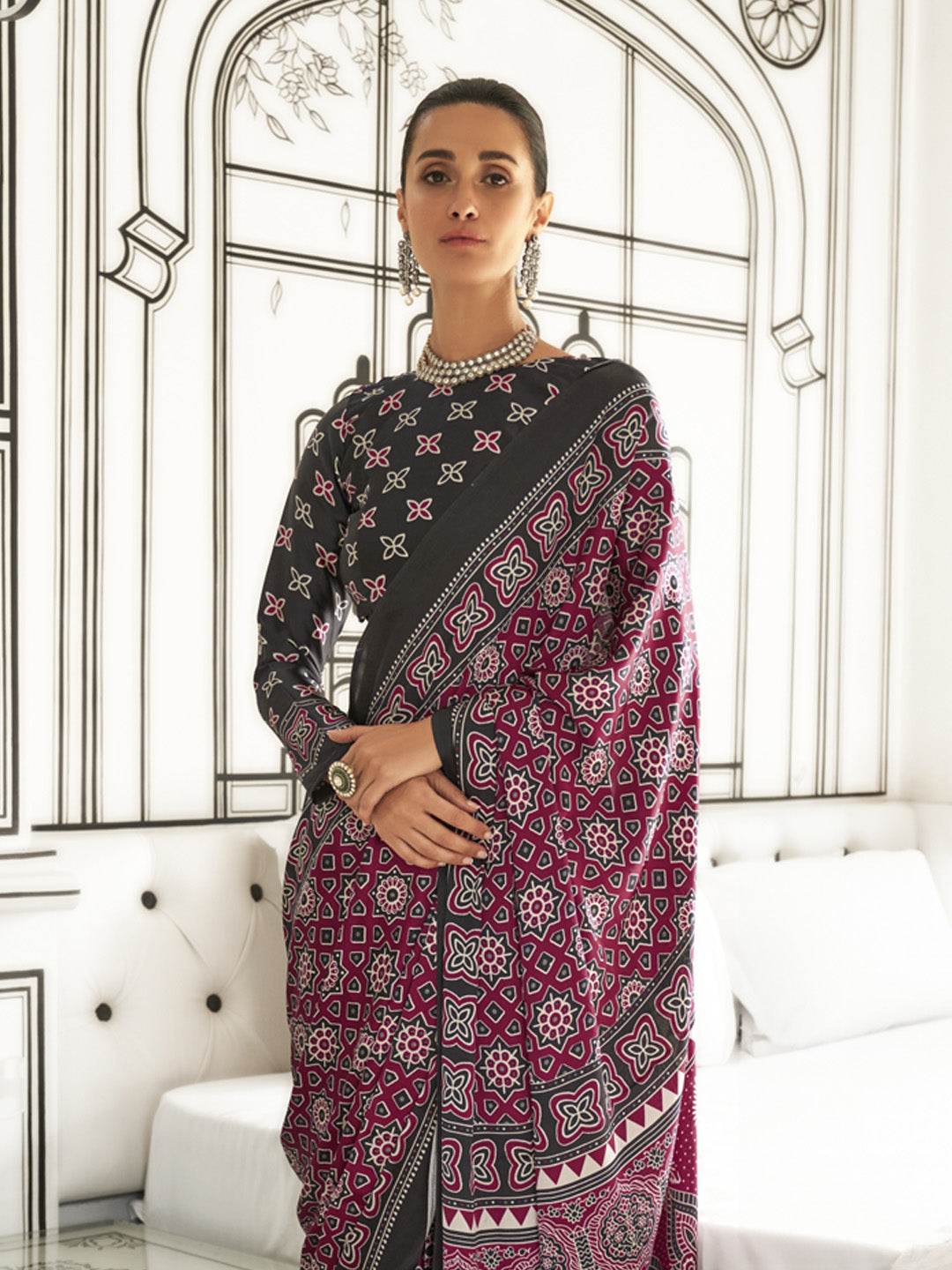 Multi Color Ajrakh Satin Crepe Saree With Blouse Piece