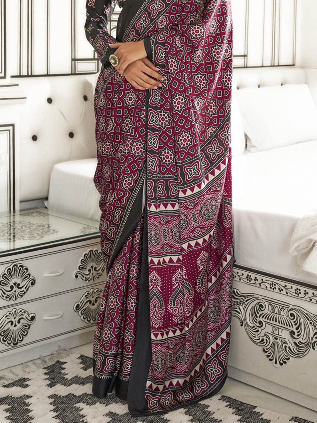 Multi Color Ajrakh Satin Crepe Saree With Blouse Piece