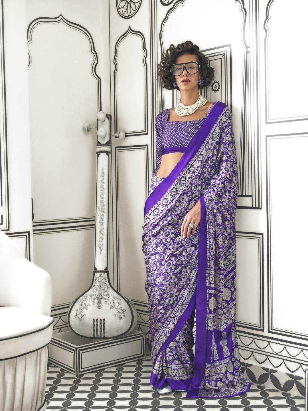 Multi Color Ajrakh Satin Crepe Saree With Blouse Piece