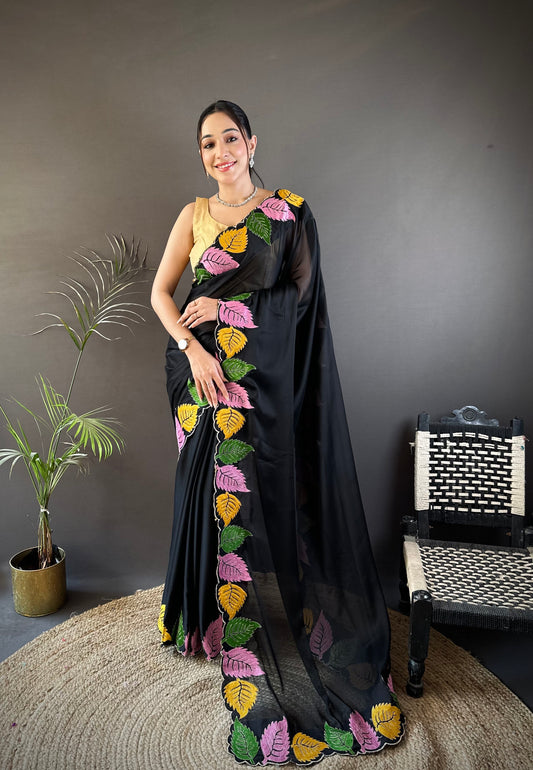 Black Georgette Saree with Multicolor Leaf Embroidery Border & Designer Pallu