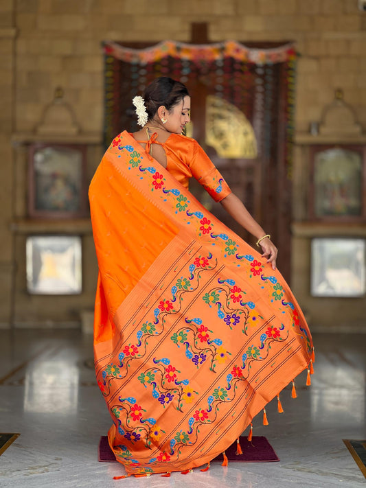 Premium Orange Paithani Silk Saree for Women