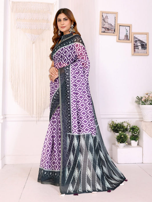 Premium Linen Cotton Ikat Printed Saree with Elegant Charcoal Grey Border