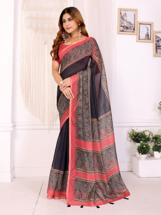 Premium Linen Cotton Paisley Printed Saree with Elegant Coral Pink Border