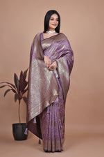 image, Designer Purple Silk Saree with Golden Zari Borders – Ideal for Weddings and Special Occasions