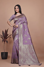image, Designer Purple Silk Saree with Golden Zari Borders – Ideal for Weddings and Special Occasions