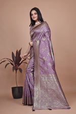 image, Designer Purple Silk Saree with Golden Zari Borders – Ideal for Weddings and Special Occasions