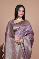 image, Designer Purple Silk Saree with Golden Zari Borders – Ideal for Weddings and Special Occasions