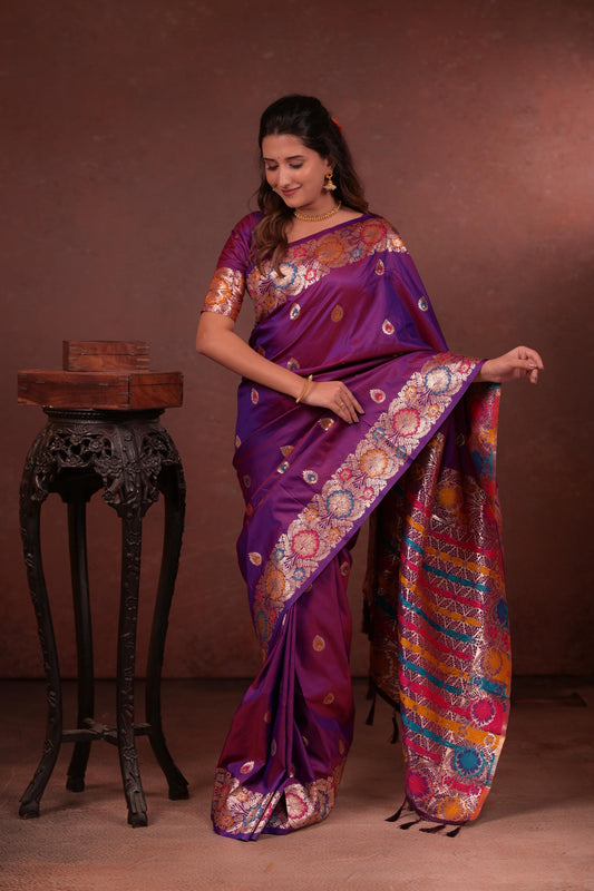 Royal Purple Banarasi Silk Saree with Multicolor Floral Zari Woven Border & Rich Designer Pallu