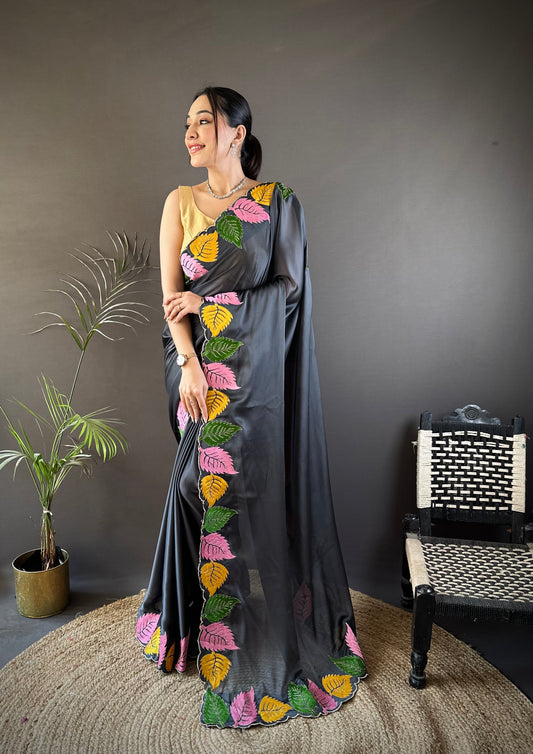 Charcoal Grey Georgette Saree with Multicolor Leaf Embroidery Border & Designer Pallu