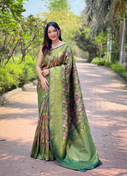 Women's Olive Green Banarasi Silk Saree with Multicolor Leaf Woven Design & Rich Zari Border