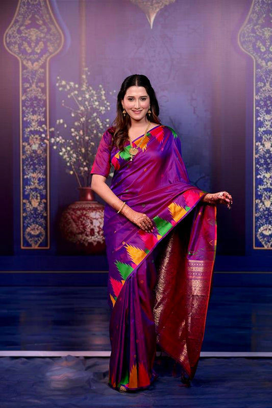 Purple Banarasi Silk Saree with Multicolor Ikat Design & Rich Zari Woven Pallu