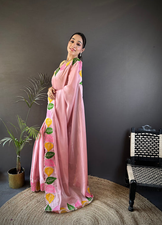 Baby Pink Georgette Saree with Multicolor Leaf Embroidery Border & Designer Pallu
