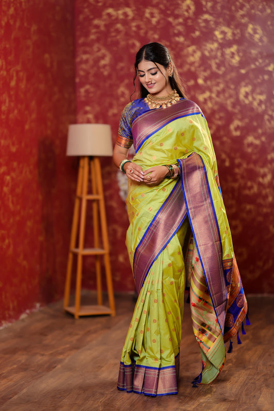 Lime Green Paithani Silk Saree with Golden Zari Butti, Royal Blue Border & Designer Pallu