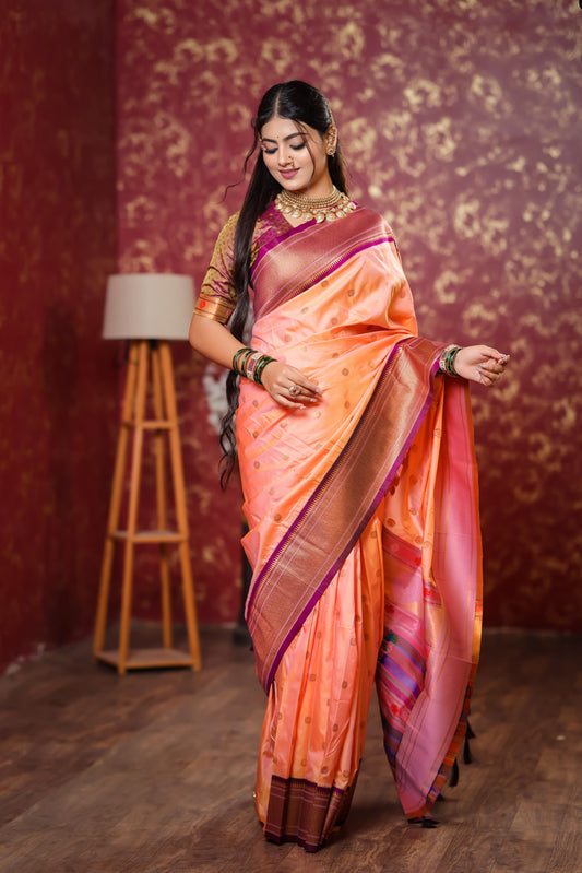 Peach Paithani Silk Saree with Golden Zari Butti, Purple Border & Designer Pallu