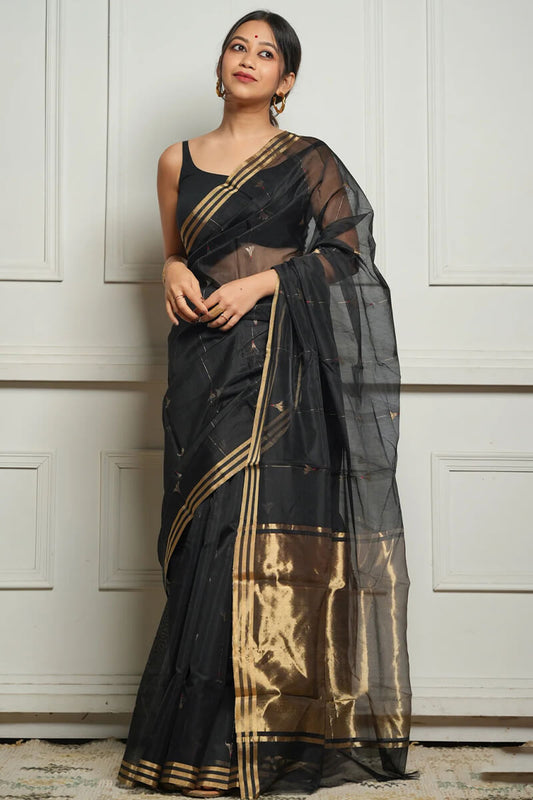 Imaginative Black Cotton Silk Saree With Desirable Blouse Piece - Mameraa