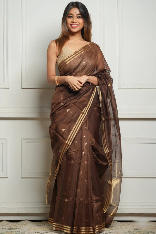 Embellished Brown Cotton Silk Saree With Felicitous Blouse Piece - Mameraa