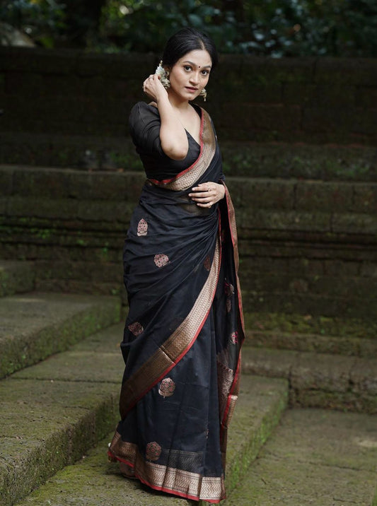 Surpassing Black Soft Silk Saree With Embellished Blouse Piece - Mameraa