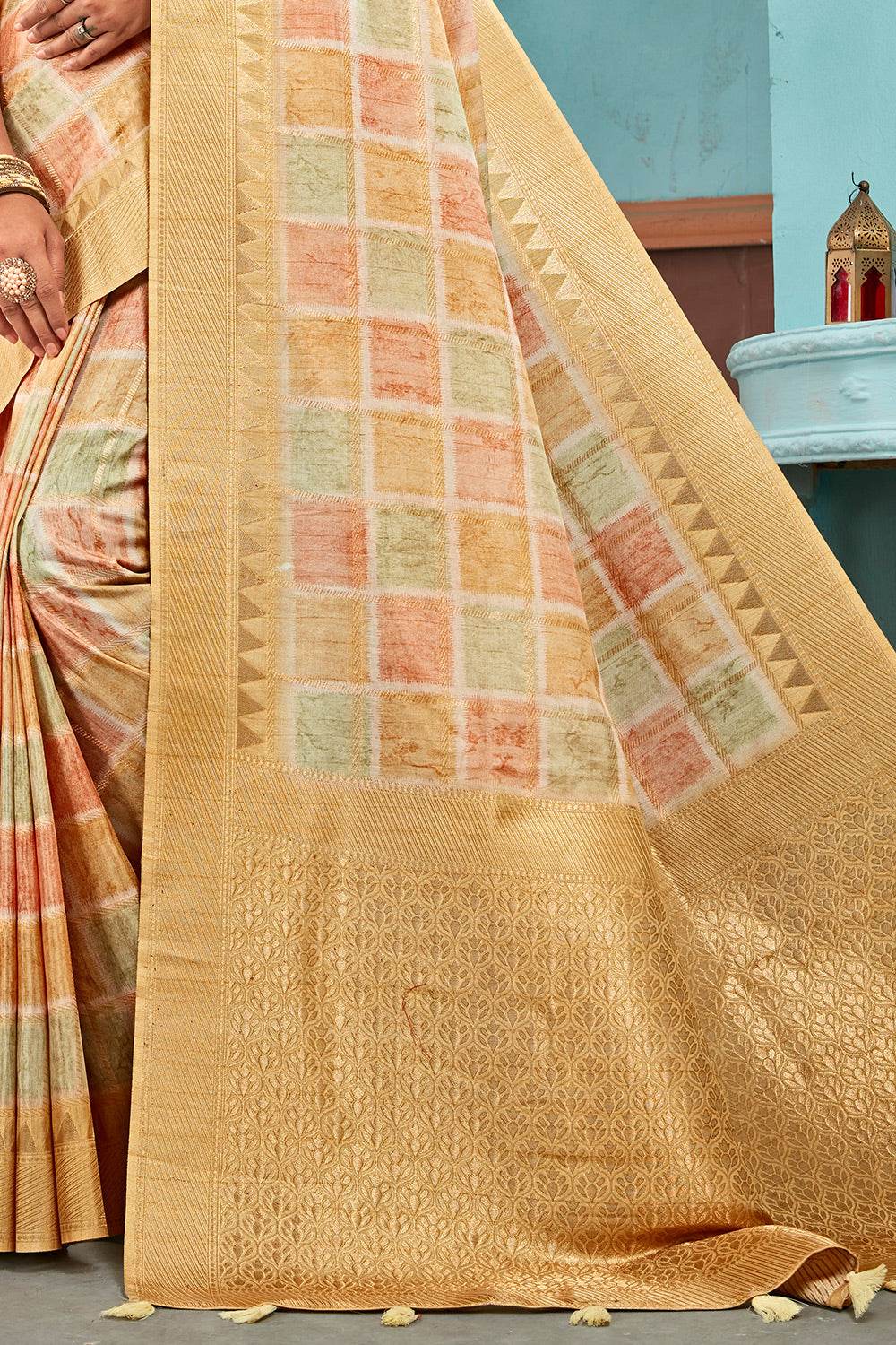 Beige Cotton Linen NeoJacquard Digital Elegance Saree