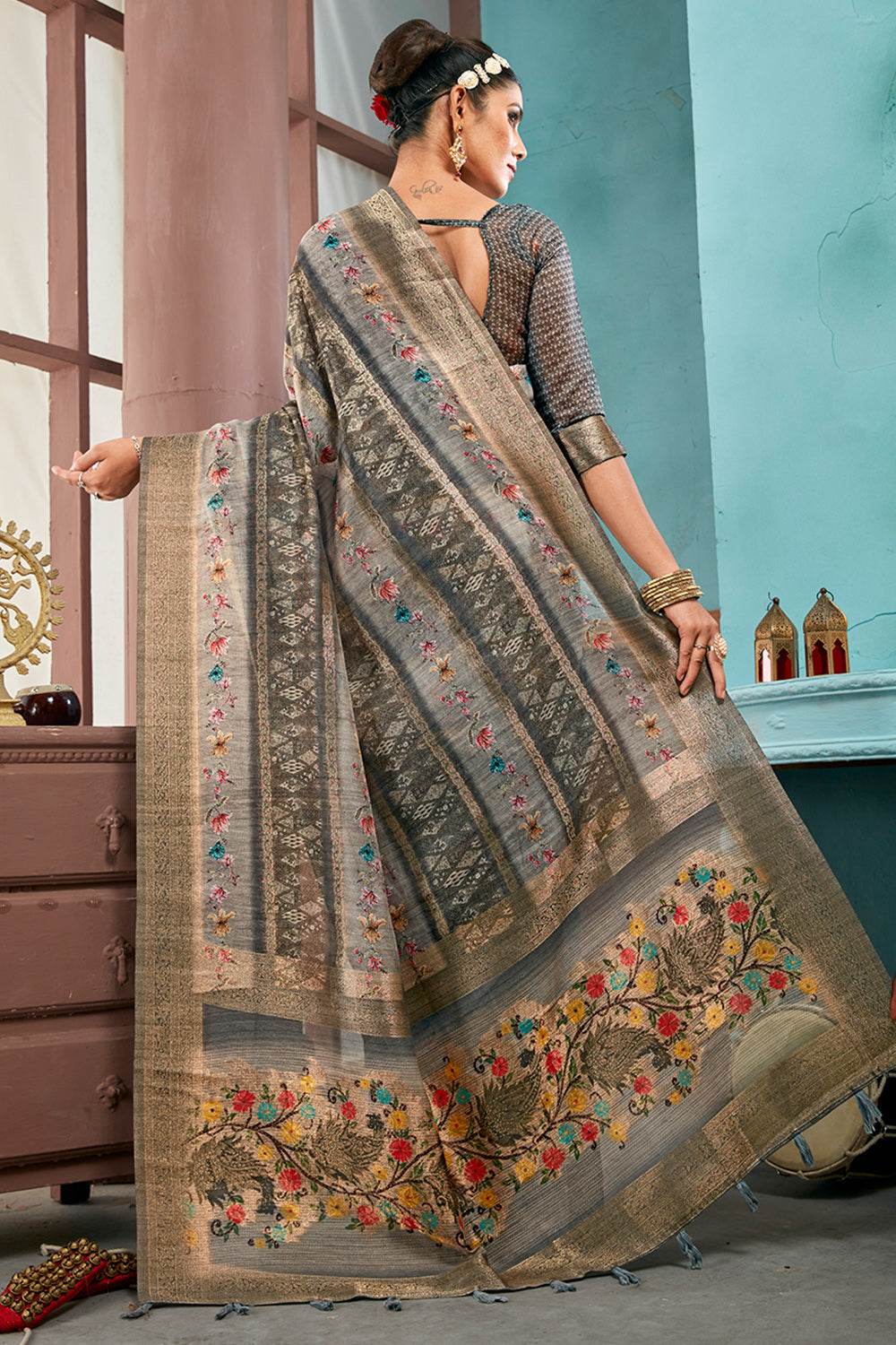 Grey Cotton Linen NeoJacquard Digital Elegance Saree