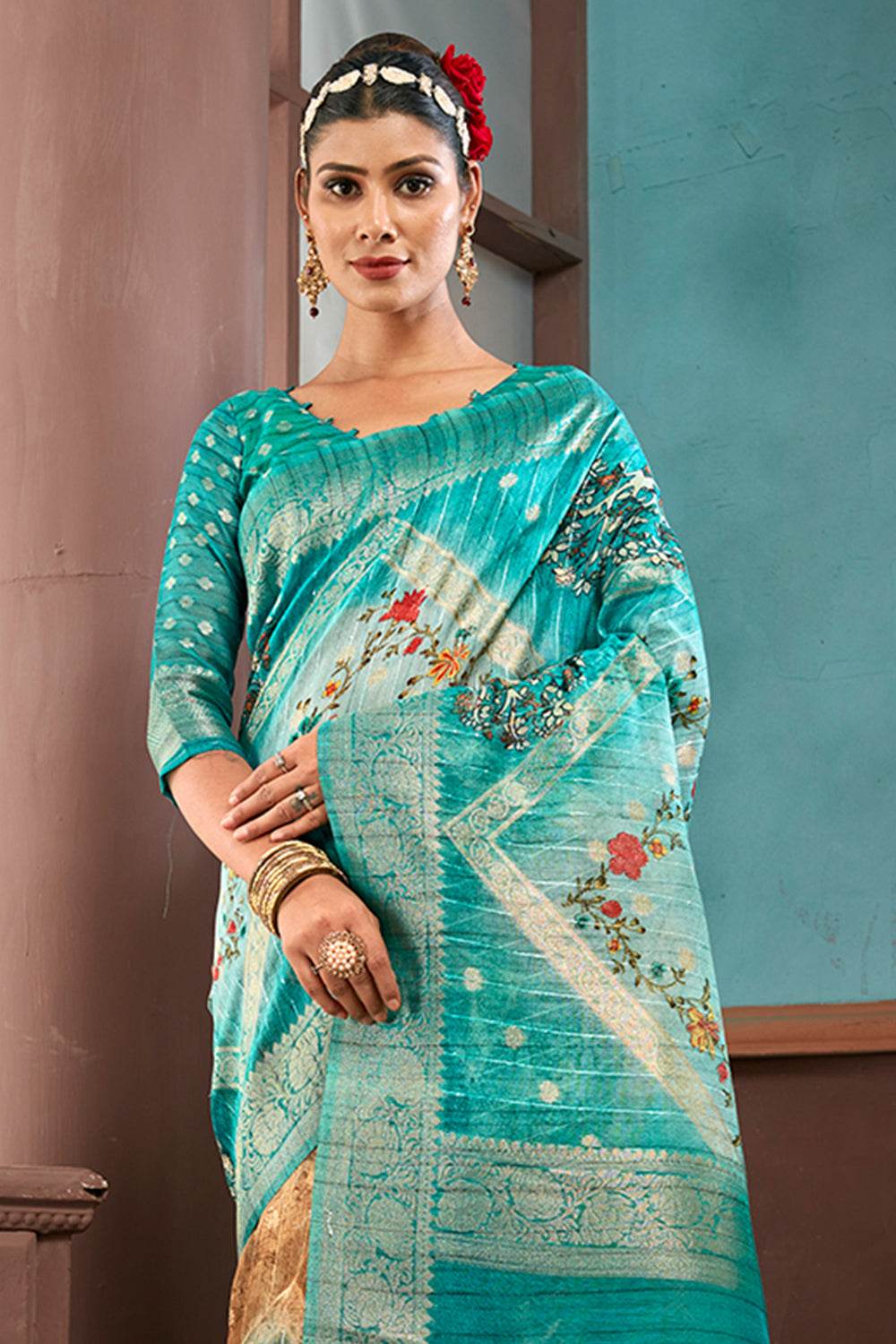 Rama Green Cotton Linen NeoJacquard Digital Elegance Saree