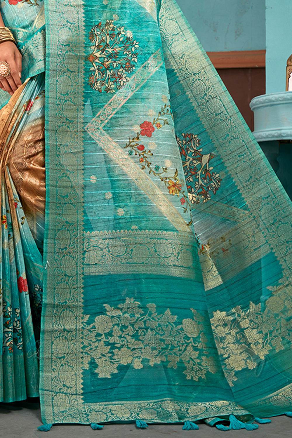 Rama Green Cotton Linen NeoJacquard Digital Elegance Saree