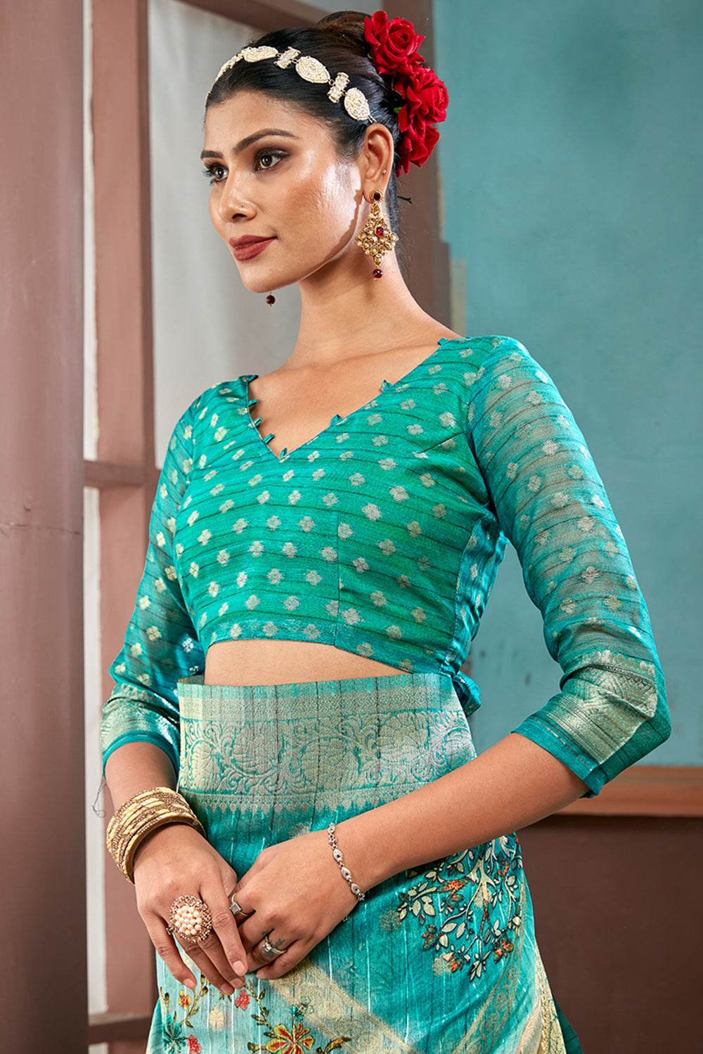 Rama Green Cotton Linen NeoJacquard Digital Elegance Saree