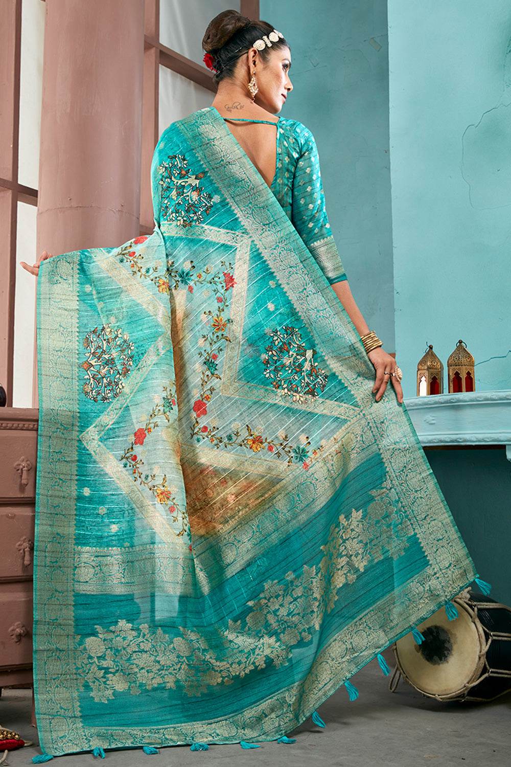 Rama Green Cotton Linen NeoJacquard Digital Elegance Saree