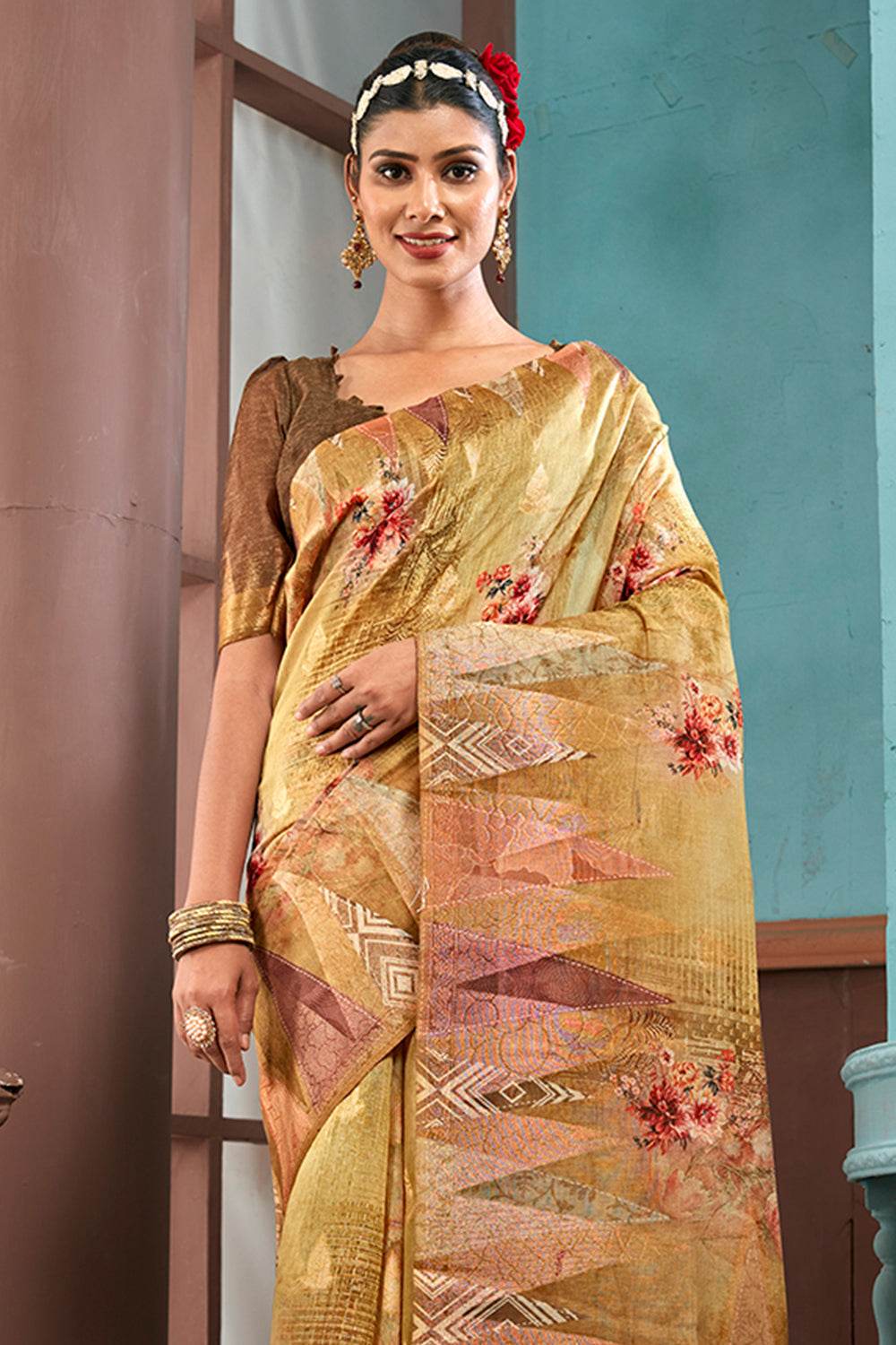 Gold Metallic Cotton Linen NeoJacquard Digital Elegance Saree
