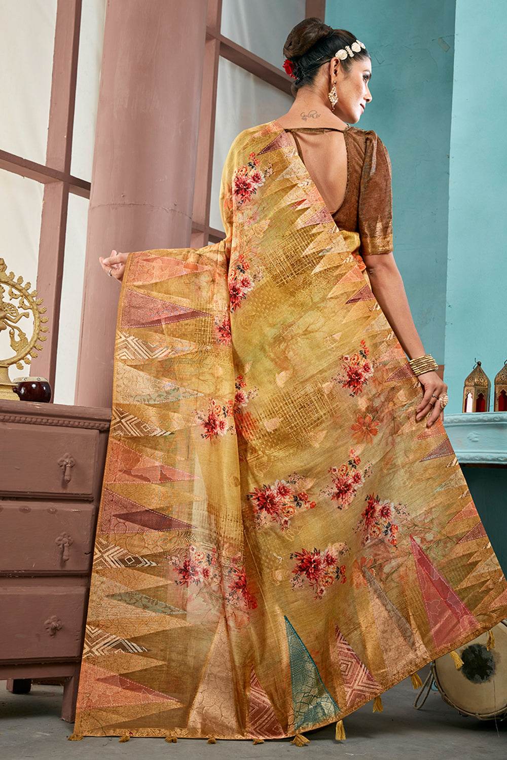 Gold Metallic Cotton Linen NeoJacquard Digital Elegance Saree
