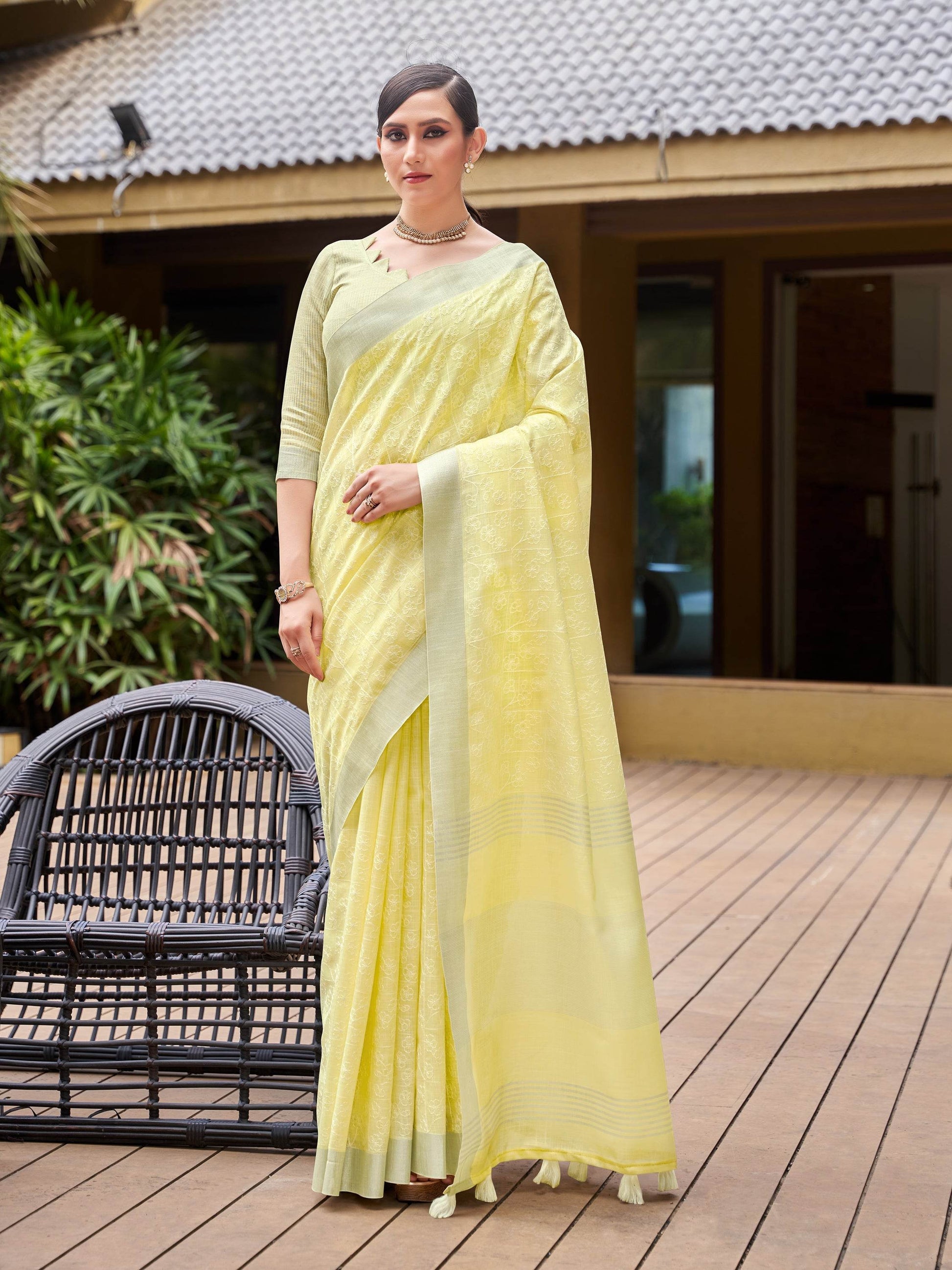 Yellow Pure Linen Saree With Blouse Piece