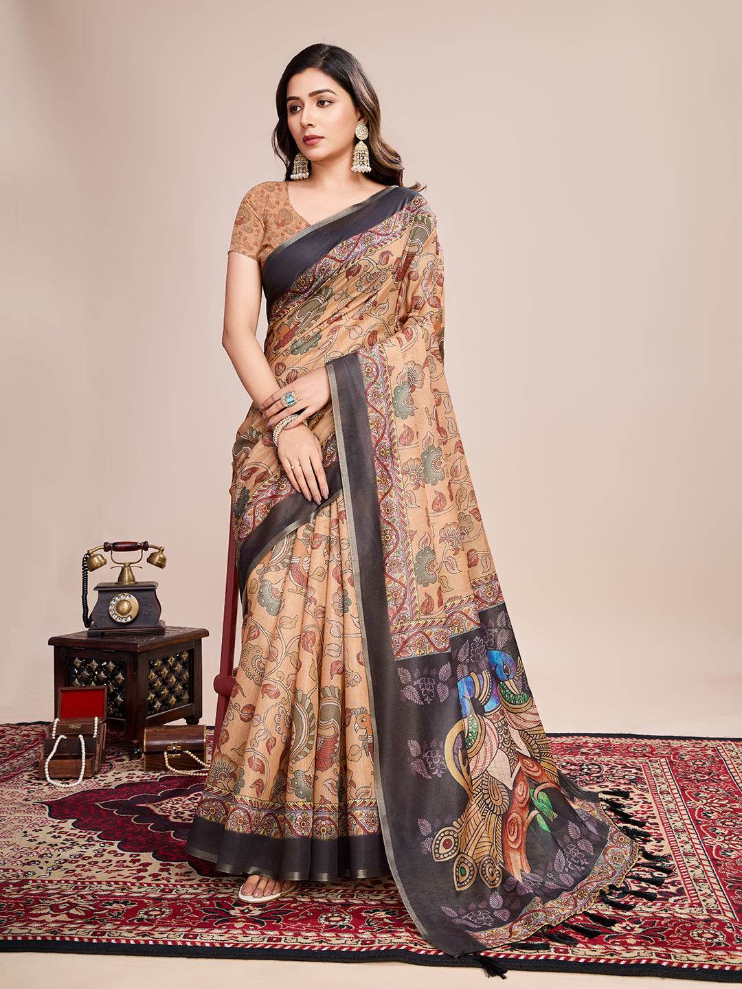 Cream Linen Blend Saree With Blouse Piece