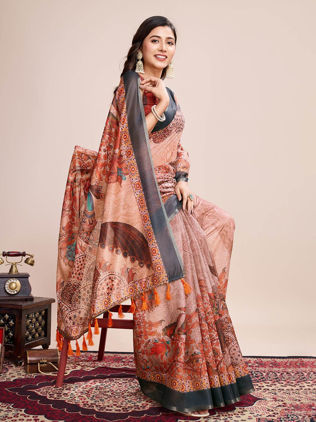 Orange Linen Blend Saree With Blouse Piece