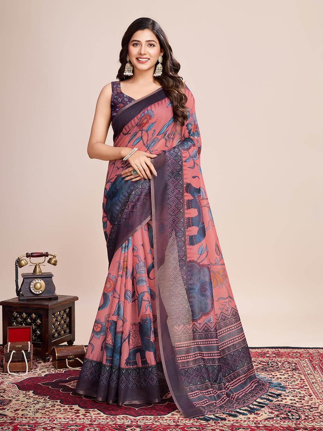 Light Pink Linen Blend Saree With Blouse Piece