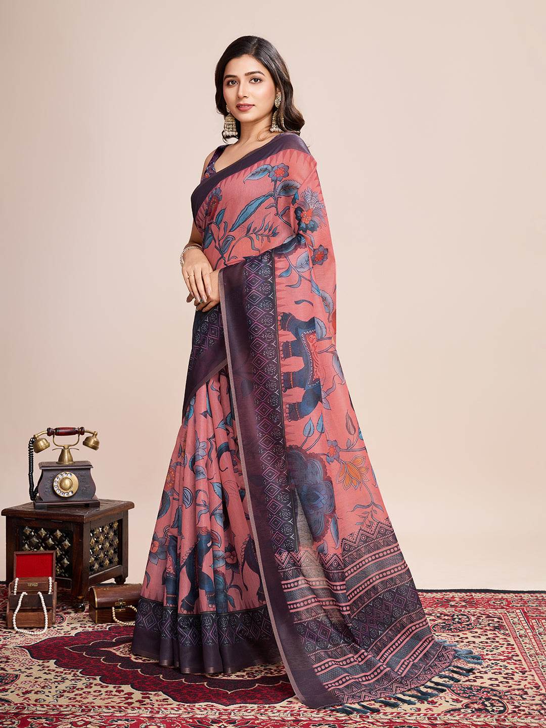 Light Pink Linen Blend Saree With Blouse Piece
