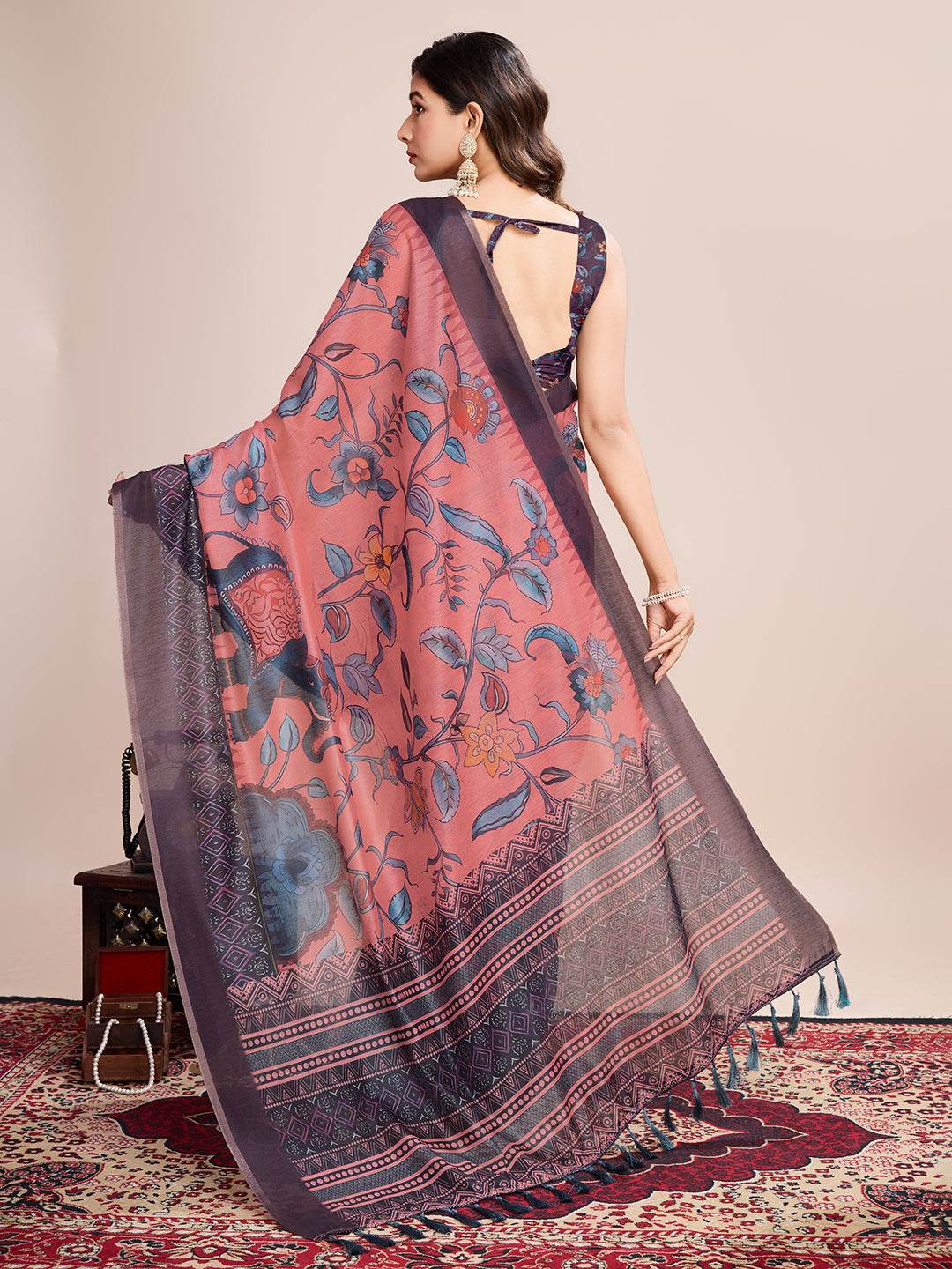 Light Pink Linen Blend Saree With Blouse Piece