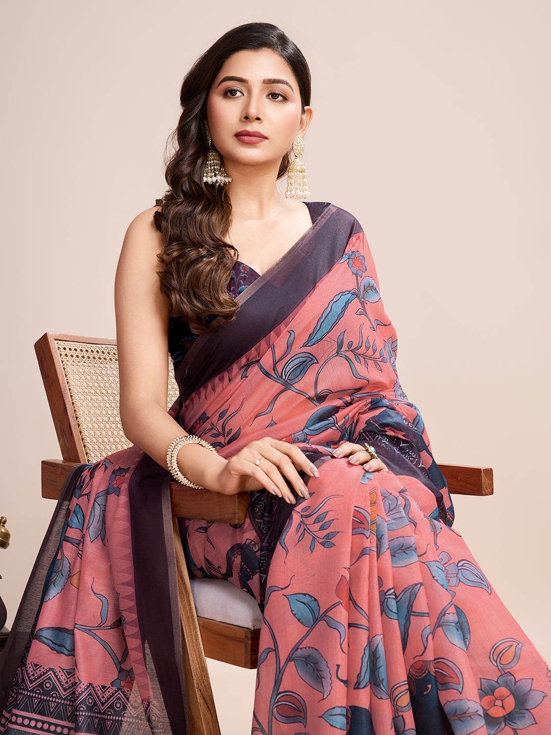 Light Pink Linen Blend Saree With Blouse Piece