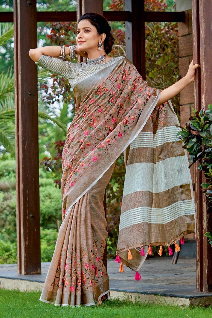 Fawn Brown Linen Saree