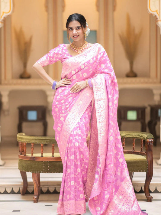 Glorious Baby Pink Soft Silk Saree With Opulent Blouse Piece - Mameraa