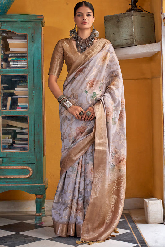Flaunt Silver Digital Printed Cotton Silk Saree With Bucolic Blouse Piece - Mameraa