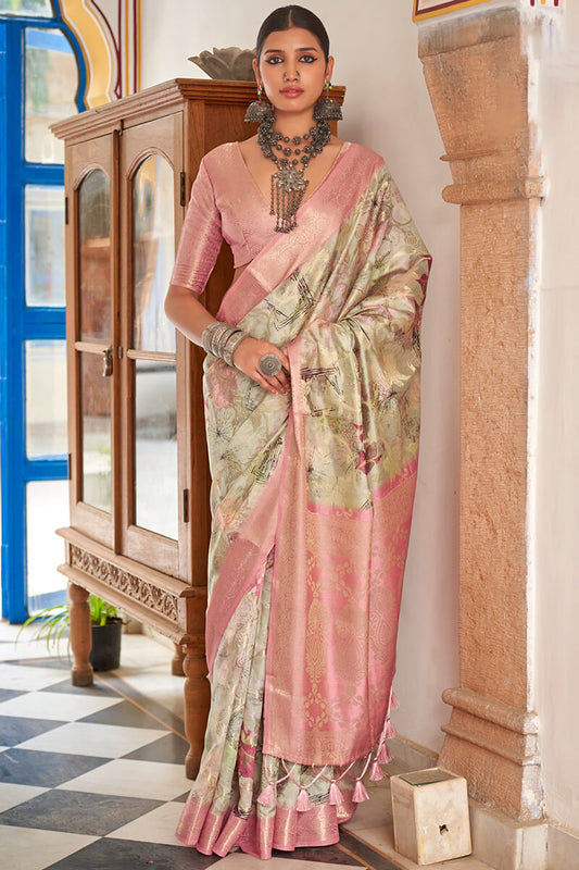 Posh Beige Digital Printed Cotton Silk Saree With Delightful Blouse Piece - Mameraa