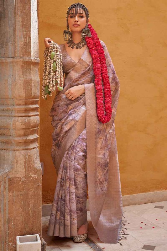Divine Brown Digital Printed Cotton Silk Saree With Dalliance Blouse Piece - Mameraa
