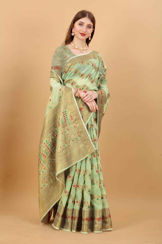 Prominent Green Linen Silk With Stylish Blouse Piece - Mameraa