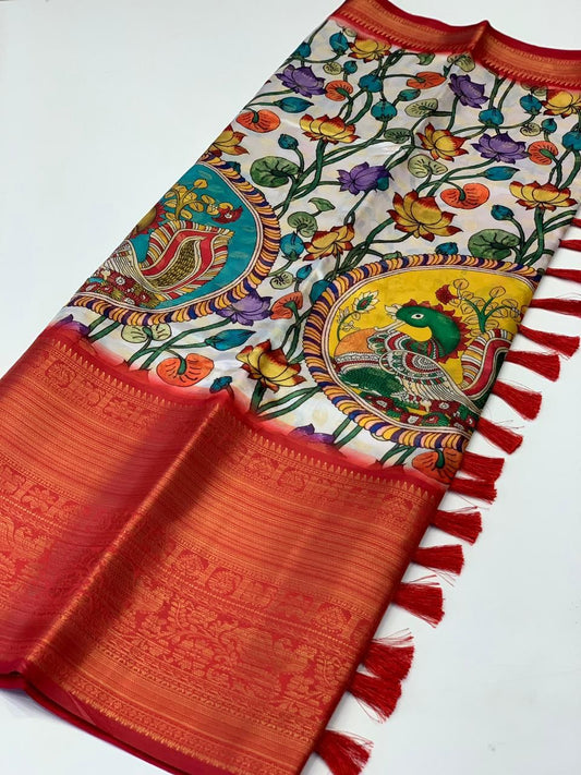 Amazing Beige Kalamkari Printed Saree With Unique Blouse Piece - Mameraa