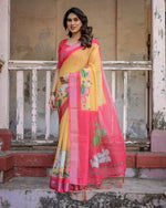 image, Elegant Multi-color Linen Saree with White Lotus Print & Silver Zari Border