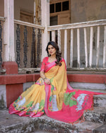 image, Elegant Multi-color Linen Saree with White Lotus Print & Silver Zari Border