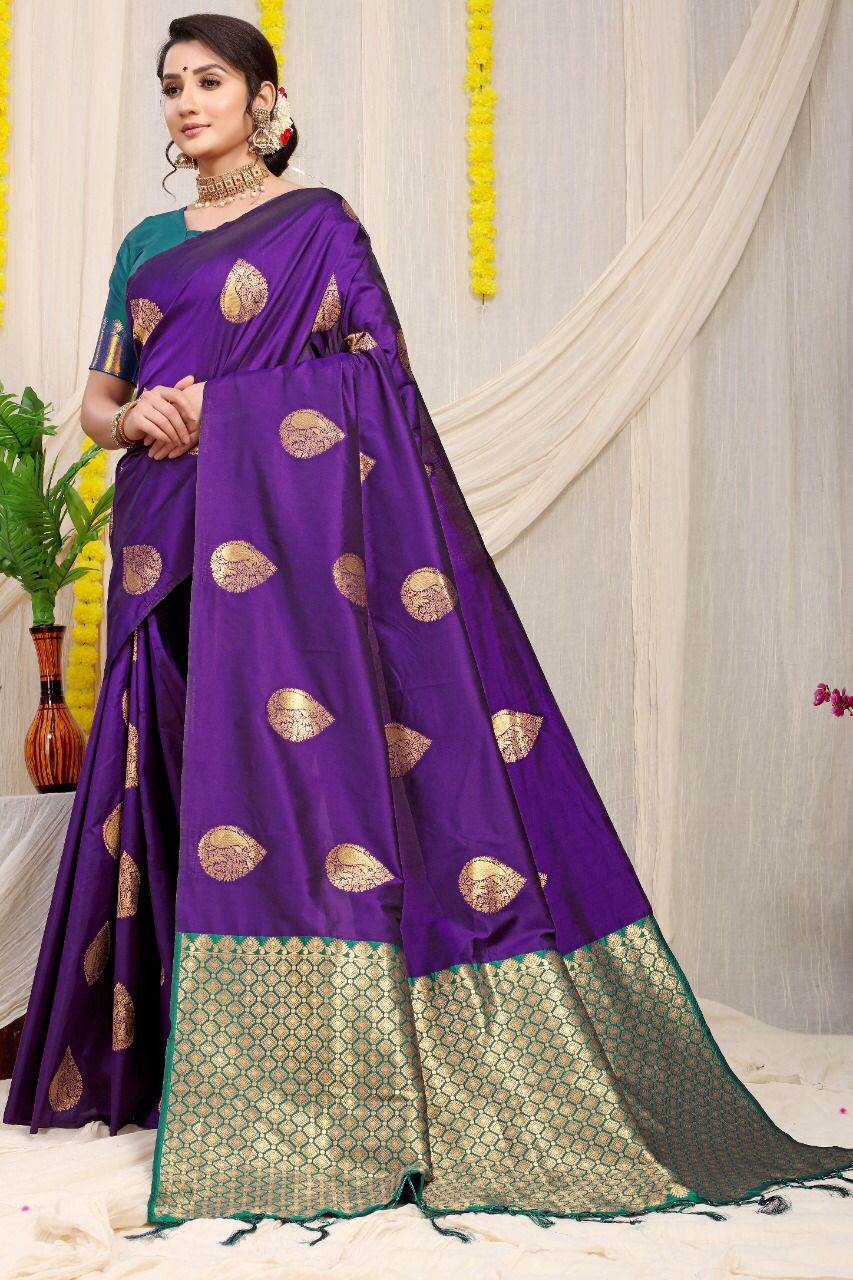 Stylish Royal Blue Banarasi Silk Saree With Adorable Blouse Piece
