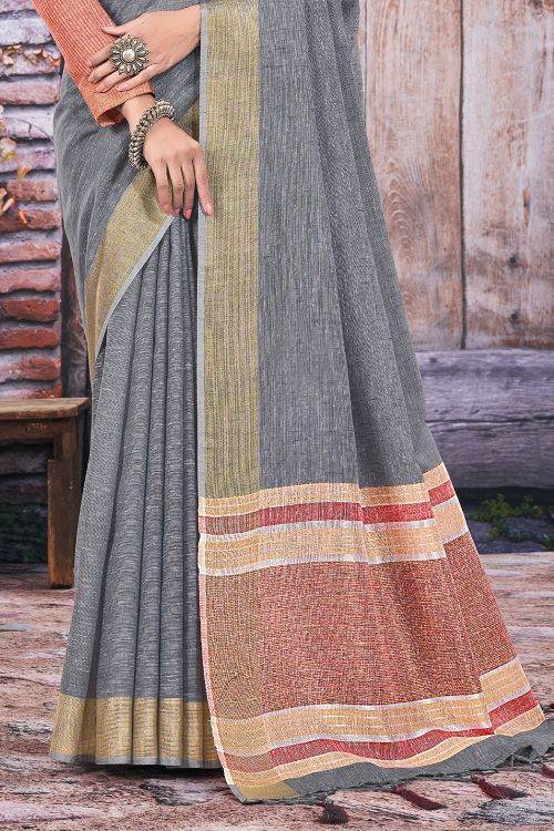 Davy Grey Linen Saree