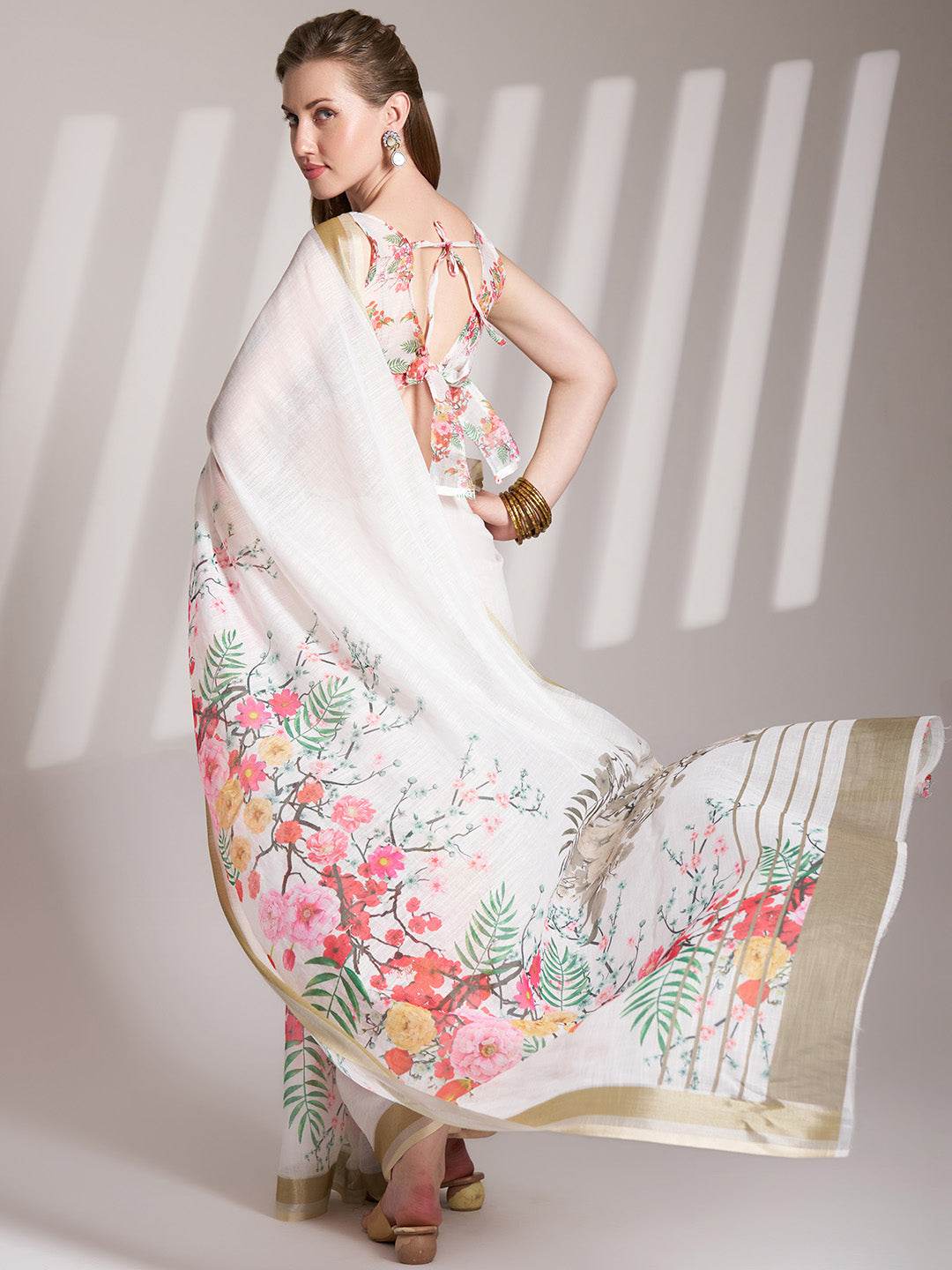 White Linen Printed Saree With Blouse Piece