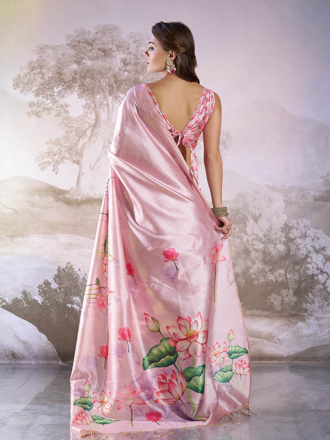 Pink Linen Printed Saree With Blouse Piece